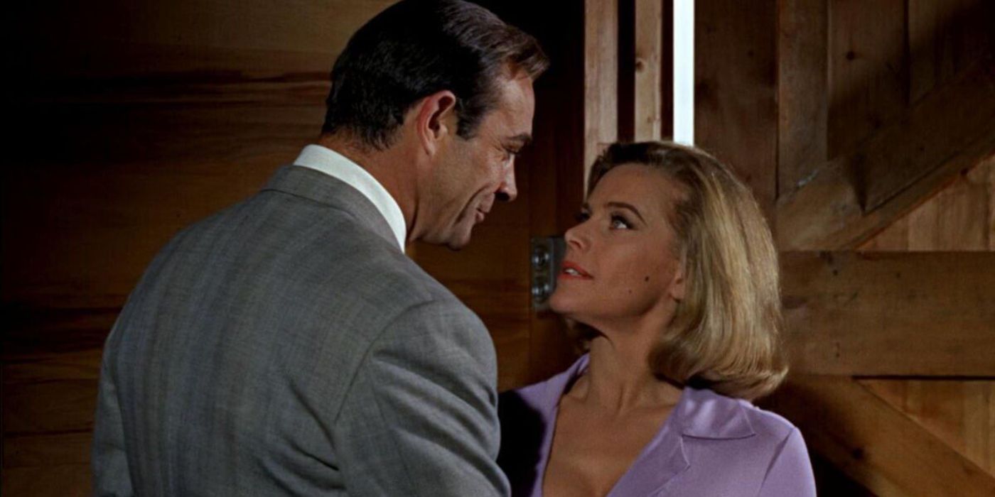 James Bond (Sean Connery) corners Pussy Galore (Honor Blackman) in a barn in 'Goldfinger' (1964).