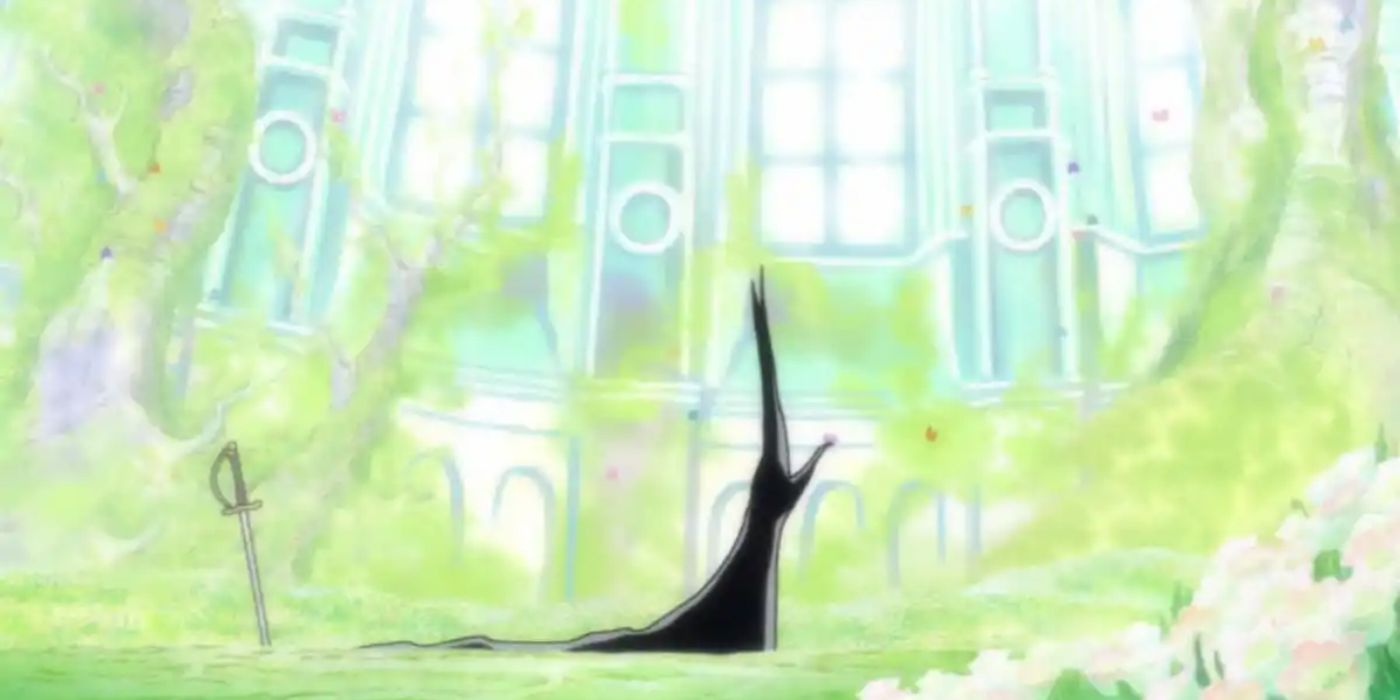 Imu walking in a grassy room in One Piece