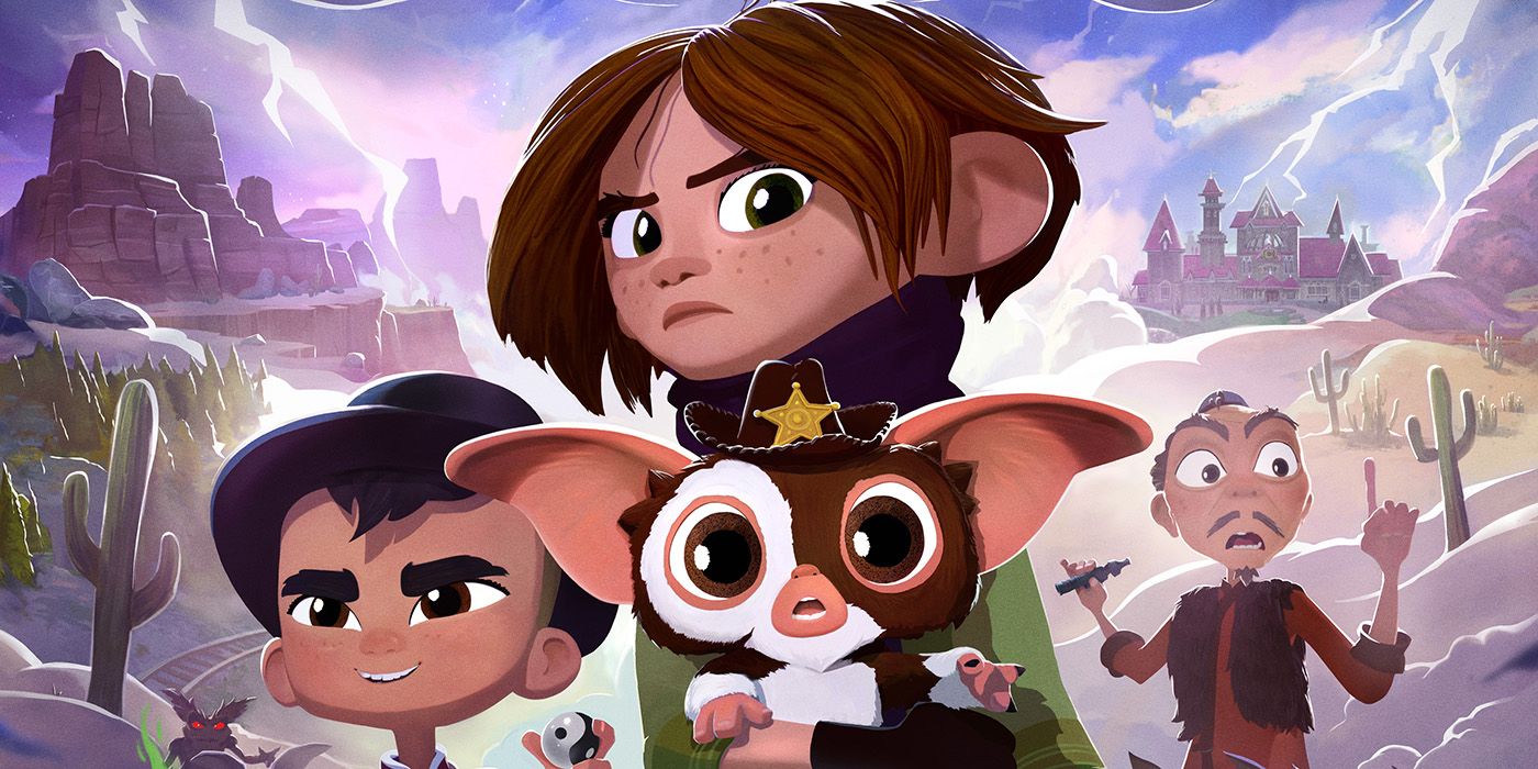 Dos niños sosteniendo a Gizmo en el póster de la temporada 2 de Gremlins