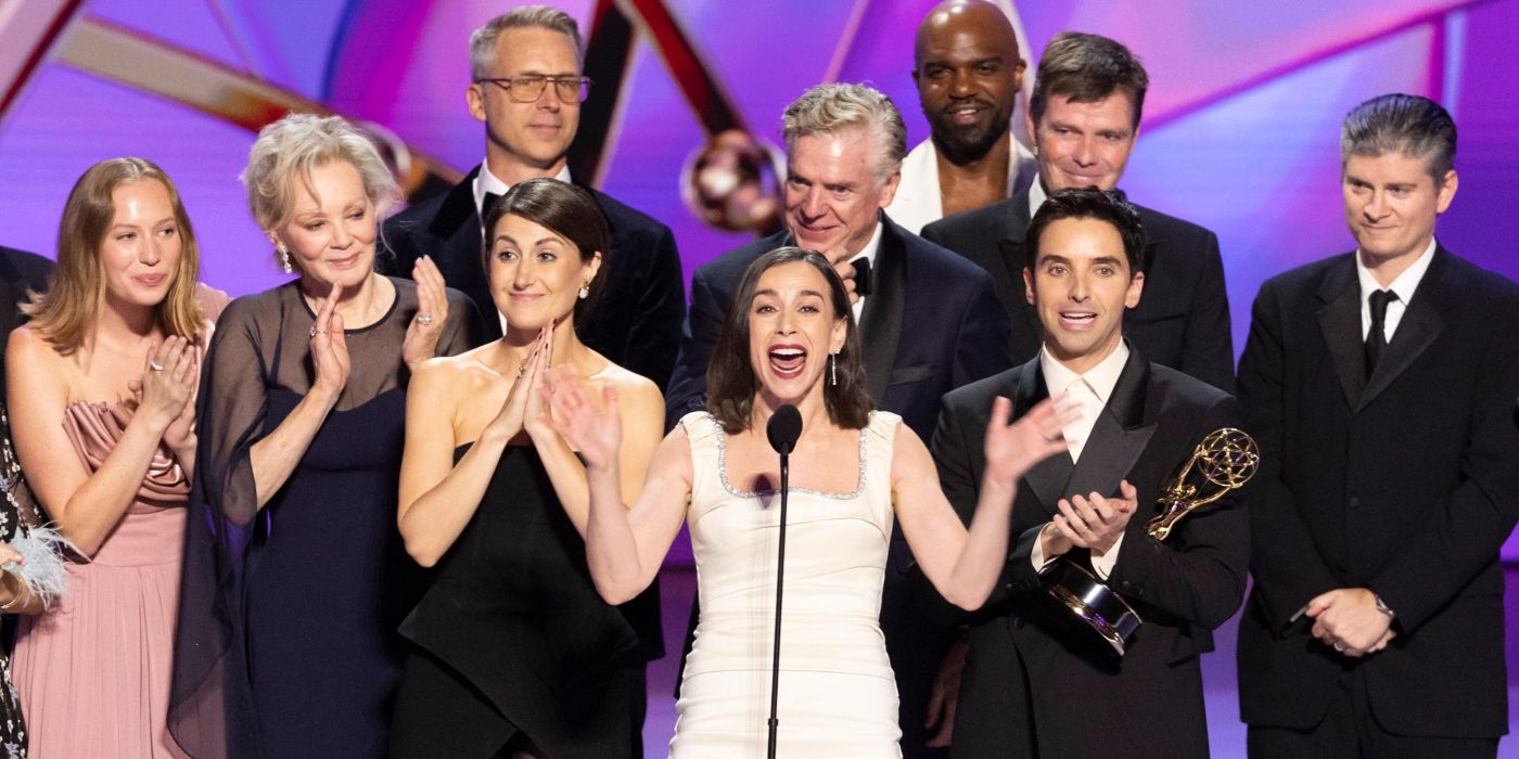 The cast and creators of Hacks, including Hannah Einbinder, Jean Smart, Jen Statsky, Lucia Aniello, Paul W. Downs, and Christopher McDonald, accepting the Emmy for Best Comedy Series 2024.