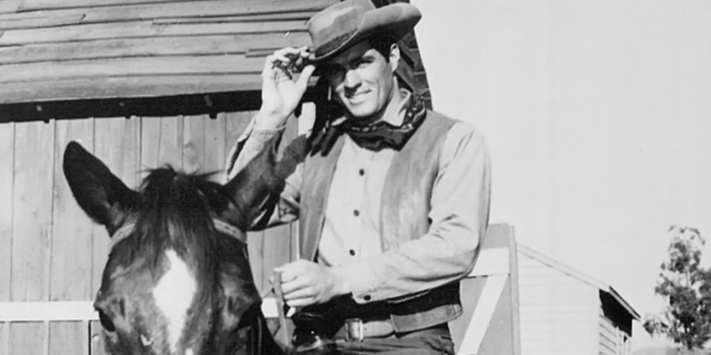 Harrison Destry (John Gavin) tips his hat on horseback in 'Destry' TV series