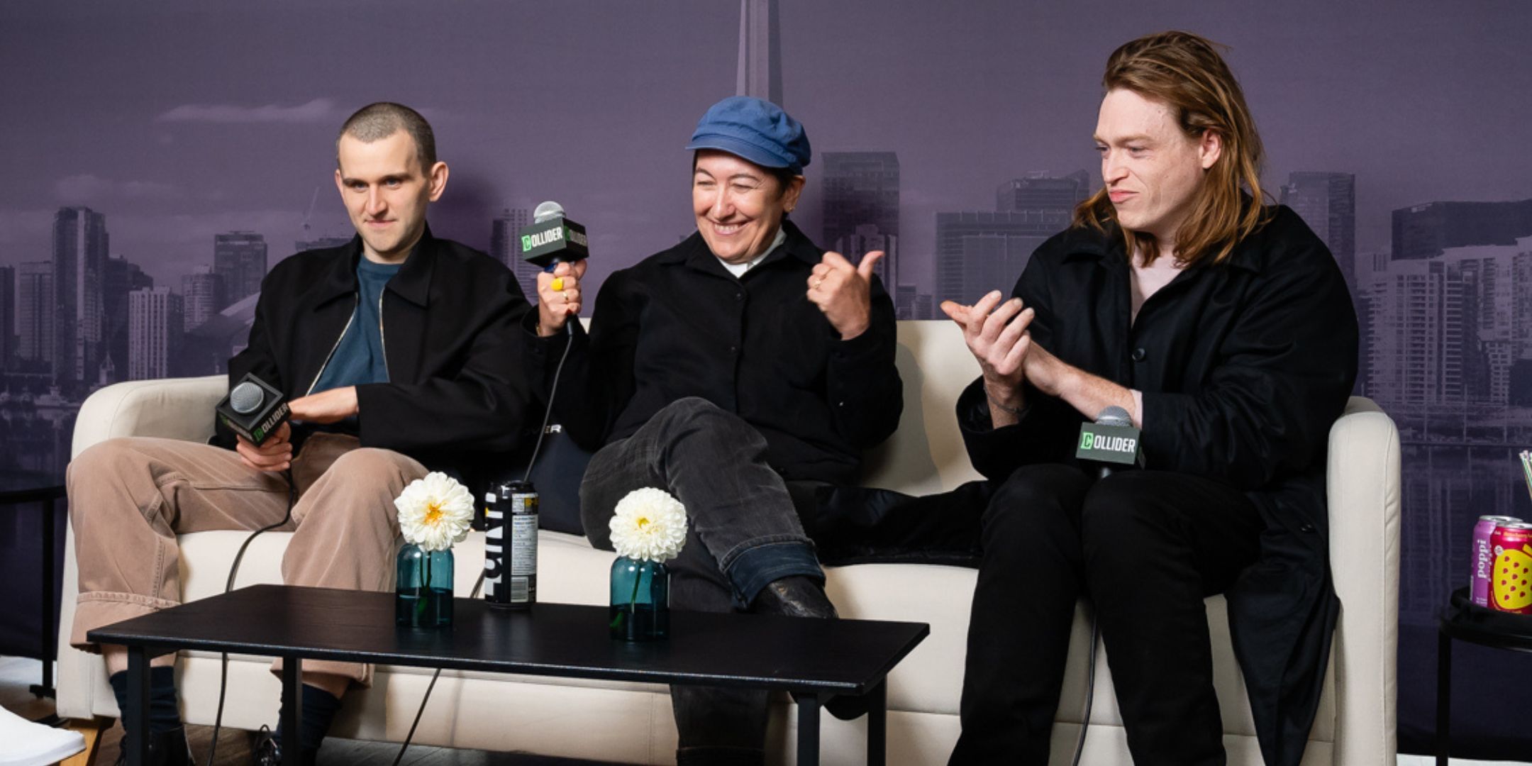 Harry Melling, Athina Rachel Tsangari and Caleb Landry Jones in the Collider Studio at TIFF 2024