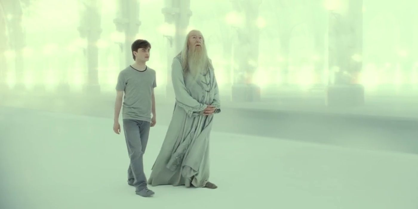 Harry (Daniel Radcliffe) and Dumbledore (Michael Gambon) walk together in The Deathly Hallows Part 2.