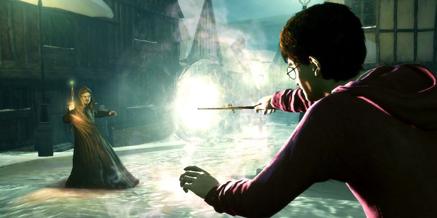 Harry Potter dueling a Death Eater in 'Deathly Hallows Part 1' video game