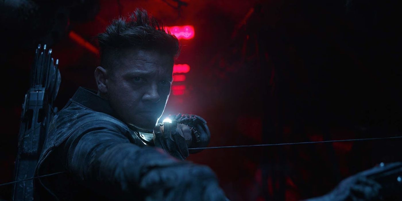 Hawkeye aiming his bow and arrow underneath the Avengers base in Avengers: Endgame