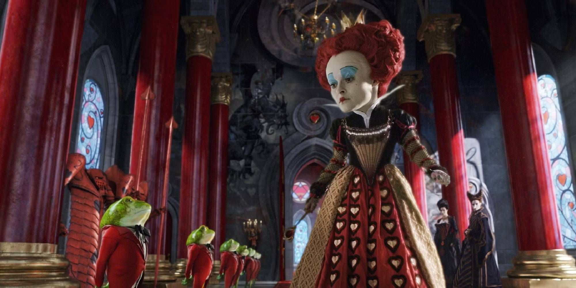 Helena Bonham Carter as Red Queen looking down at a frog in Alice in Wonderland