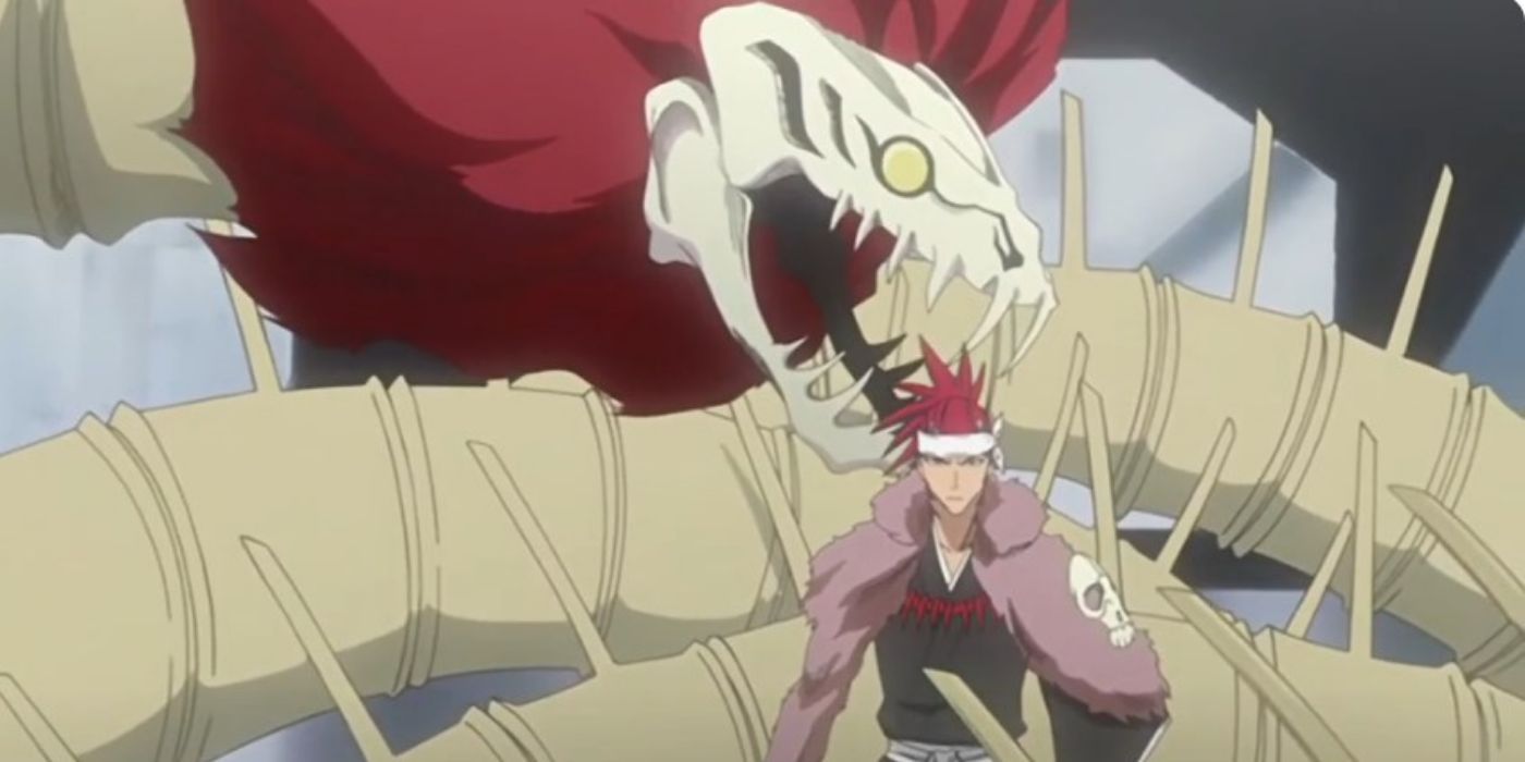 Renji standing in front of giant wooden snake in Bleach.