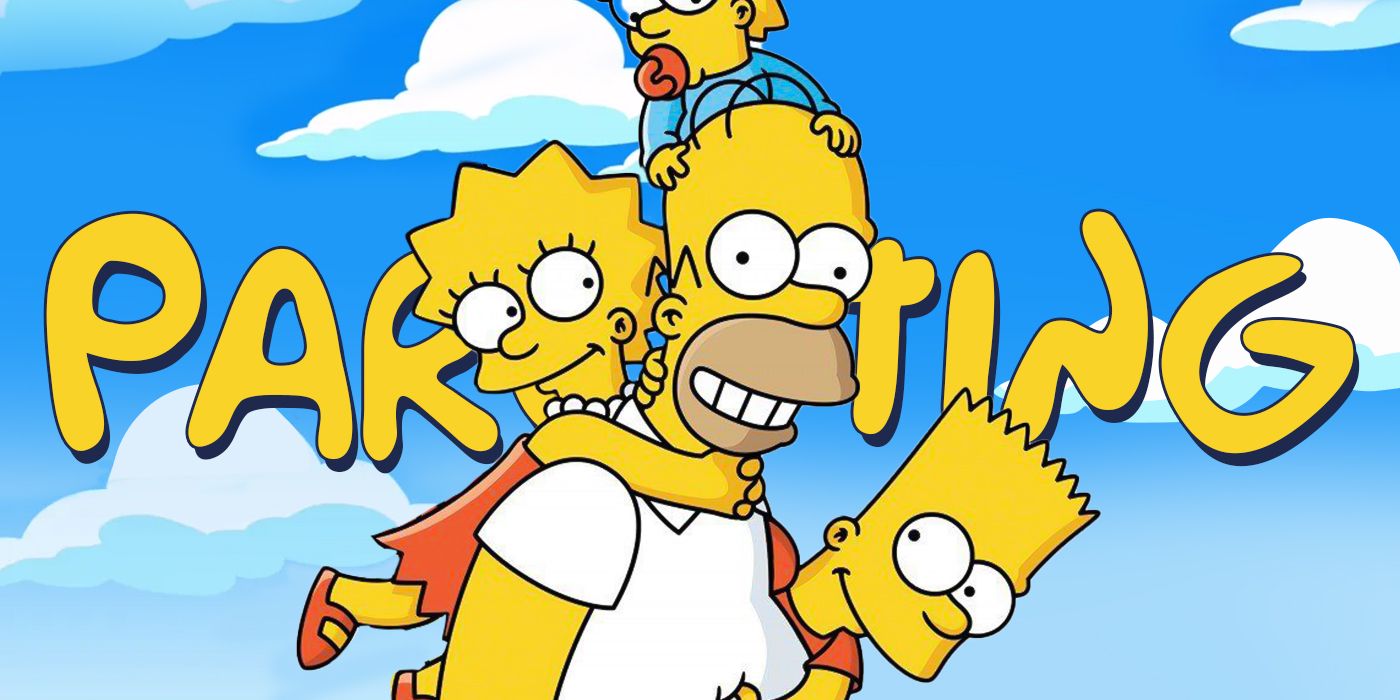 Homer, Bart, Lisa, and Maggie Simpson of The Simpsons, smiling in front of the word 