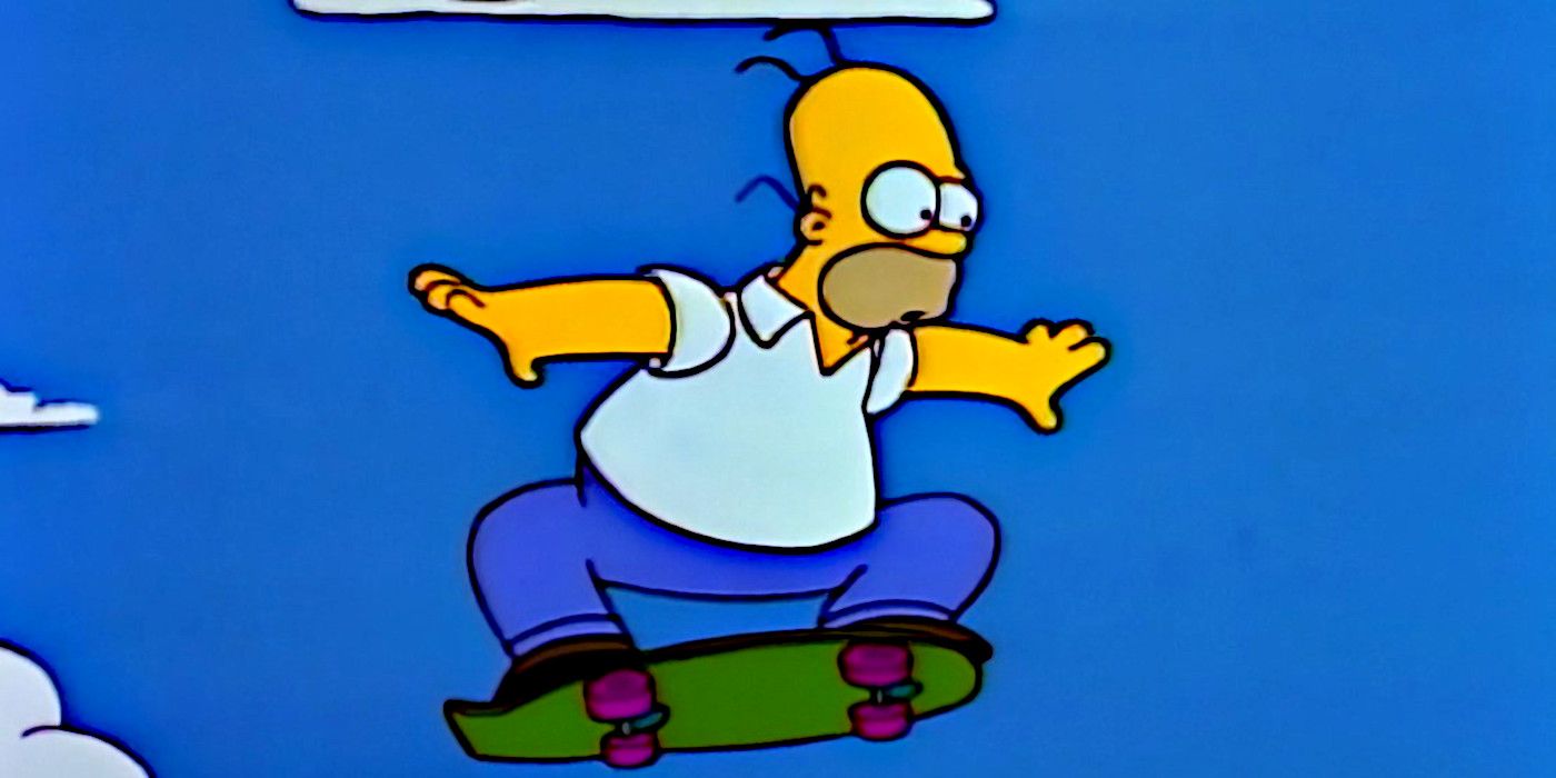 Homer attempts to jump Springfield Gorge on a skateboard in The Simpsons.