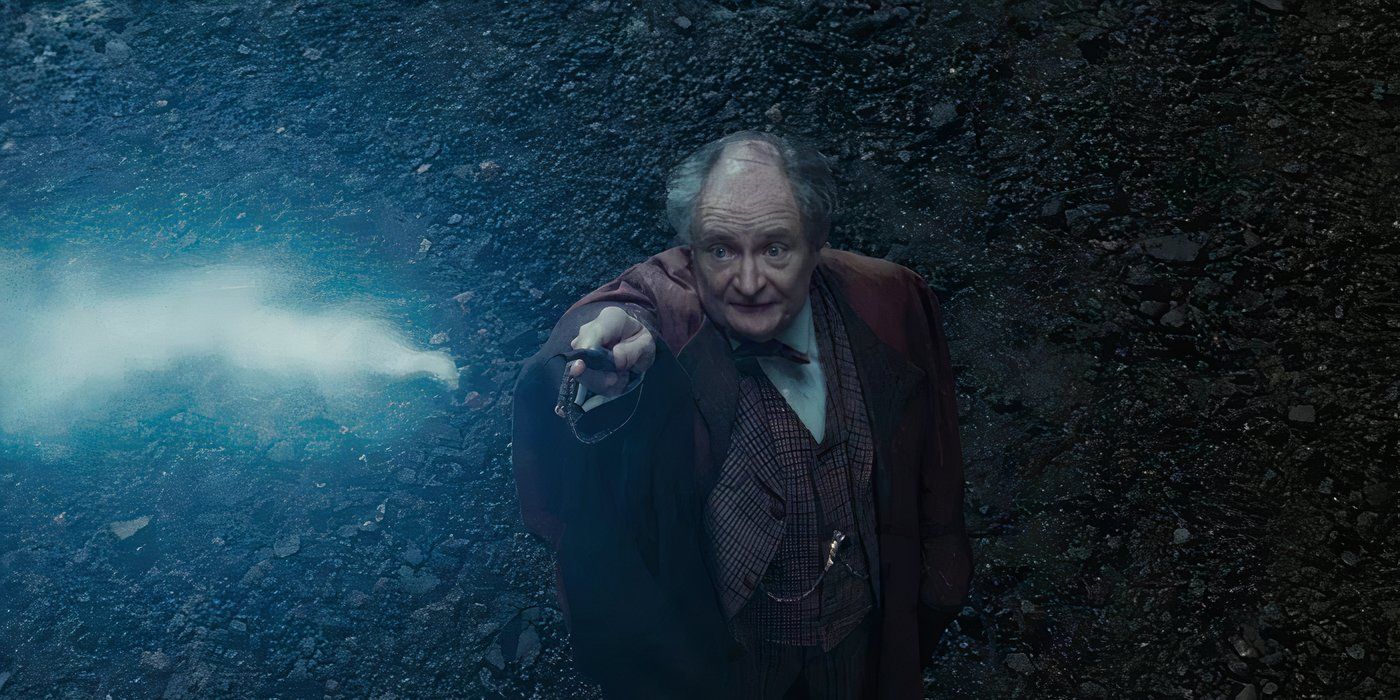 Slughorn (Jim Broadbent) casts a spell in the air in 'Harry Potter and the Deathly Hallows: part 2' 