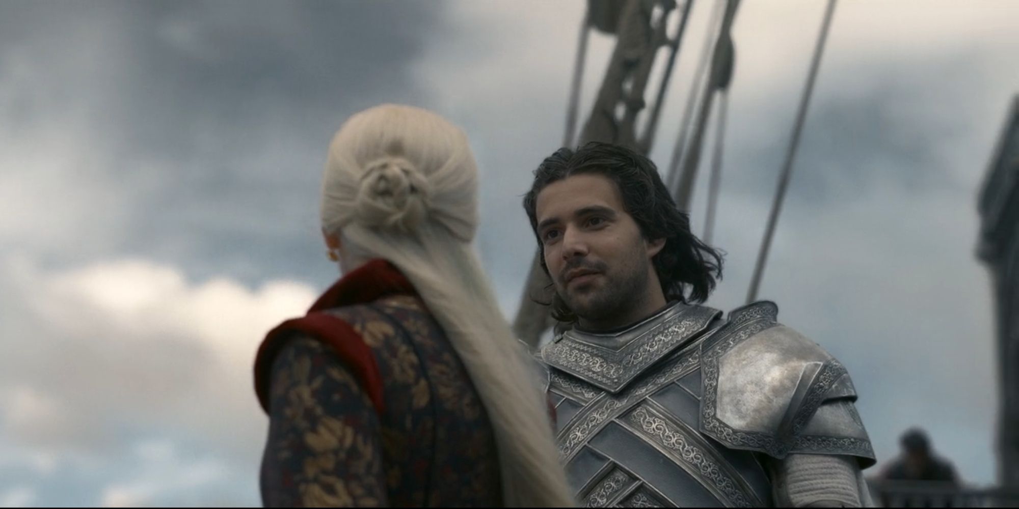 Ser Criston (Fabien Frankel) and Rhaenyra (Milly Alcock) aboard a Targaryen ship in season 1, episode 4.