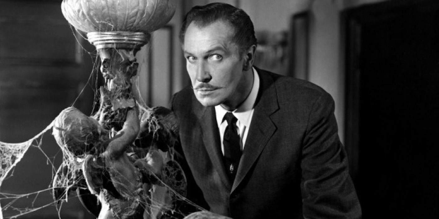 Vincent Price as Frederick Loren next to a stairway railing in House on Haunted Hill 1959