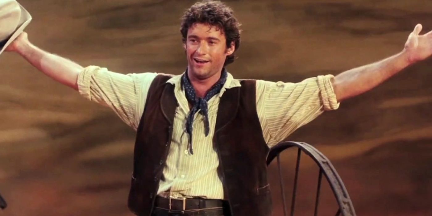 Hugh Jackman sings "Oh, What a Beautiful Morning" with arms outstretched in 1999's 'Oklahoma!'