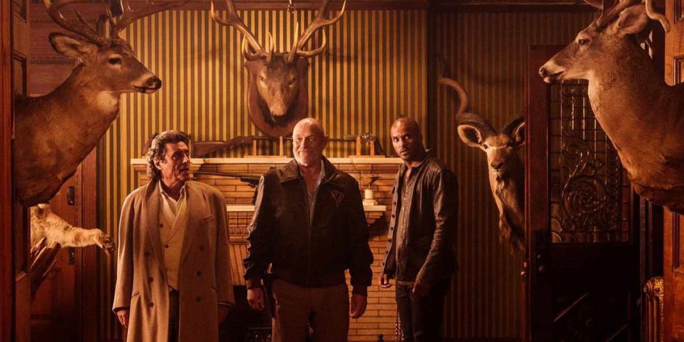 Ian McShane (Wednesday) and Ricky Whittle (Shadow) and Vulcan (Corbin Bernsen) in American Gods. 