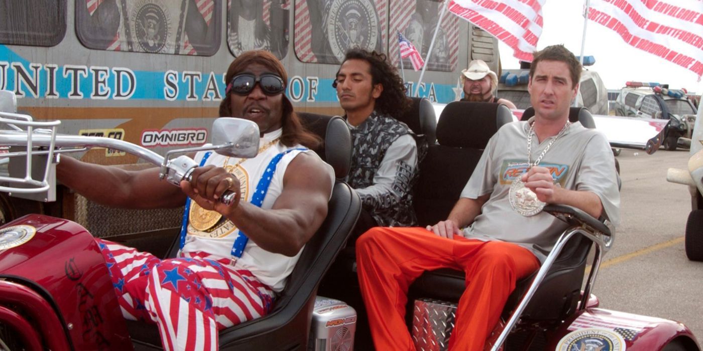 Terry Crews as President Camacho driving Luke Wilson's Joe on an ATV in Idiocracy.