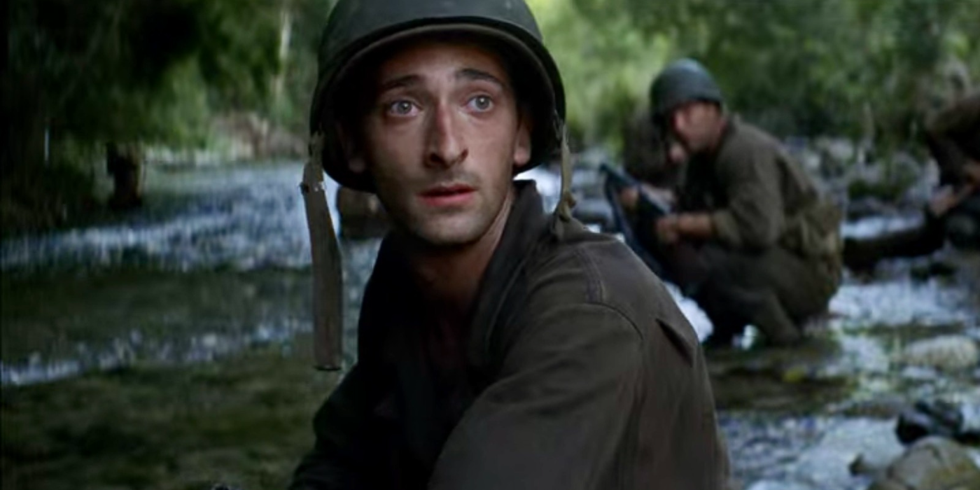 Cpl. Geoffrey Fife on a river looking to the distance in The Thin Red Line