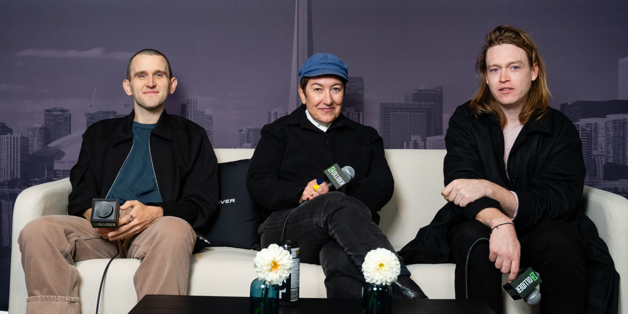 Harry Melling, Athina Rachel Tsangari and Caleb Landry Jones in the Collider Studio at TIFF 2024