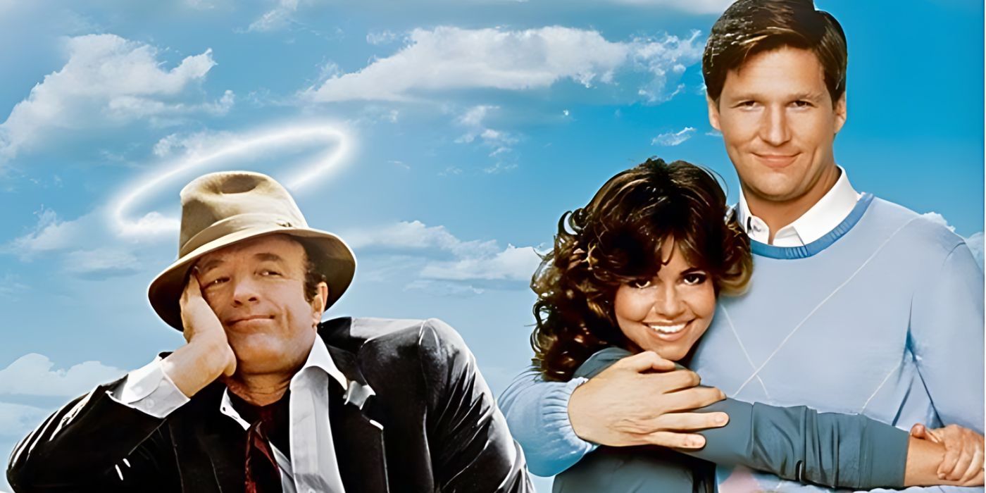 James Caan in a suit and hat with a halo next to Sally Field and Jeff Bridges who are smiling in Kiss Me Goodbye.