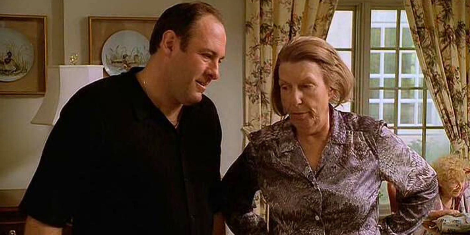 James Gandolfini standing with Nancy Marchand in The Sopranos episode Down Neck