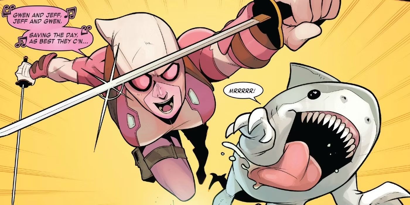 Jeff the Land Shark and Gwenpool leaping into battle.