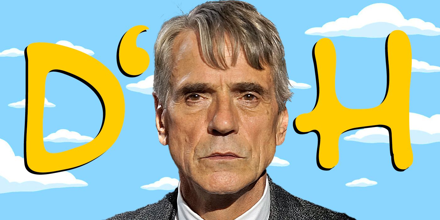 Jeremy Irons' in front of The Simpsons' sky, with his head serving as the 