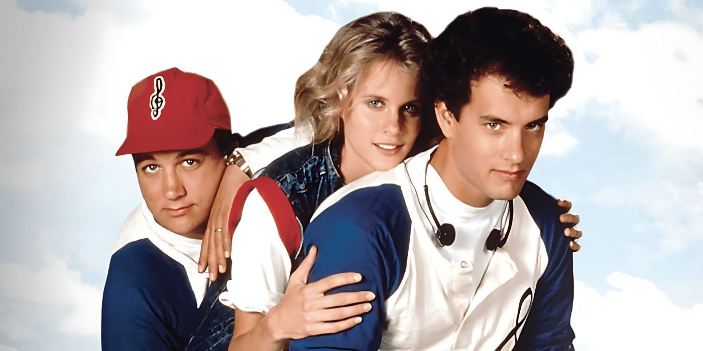 Jim Belushi next to Lori Singer, and Tom Hanks in a promotional still from The Man With One Red Shoe.