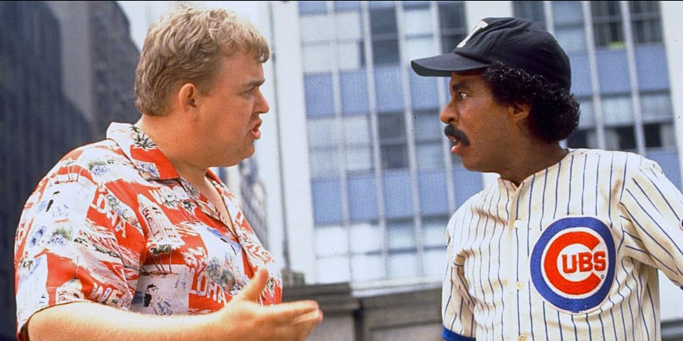 John Candy in a colorful shirt talking to Richard Pryor in a Chicago Cubs outfit in Brewsters Millions.