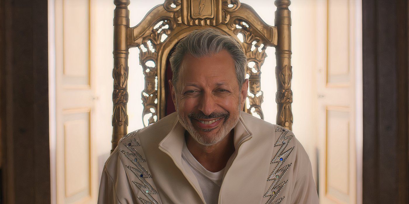 Zeus (Jeff Goldblum) smiles while sitting on a throne in 'KAOS'