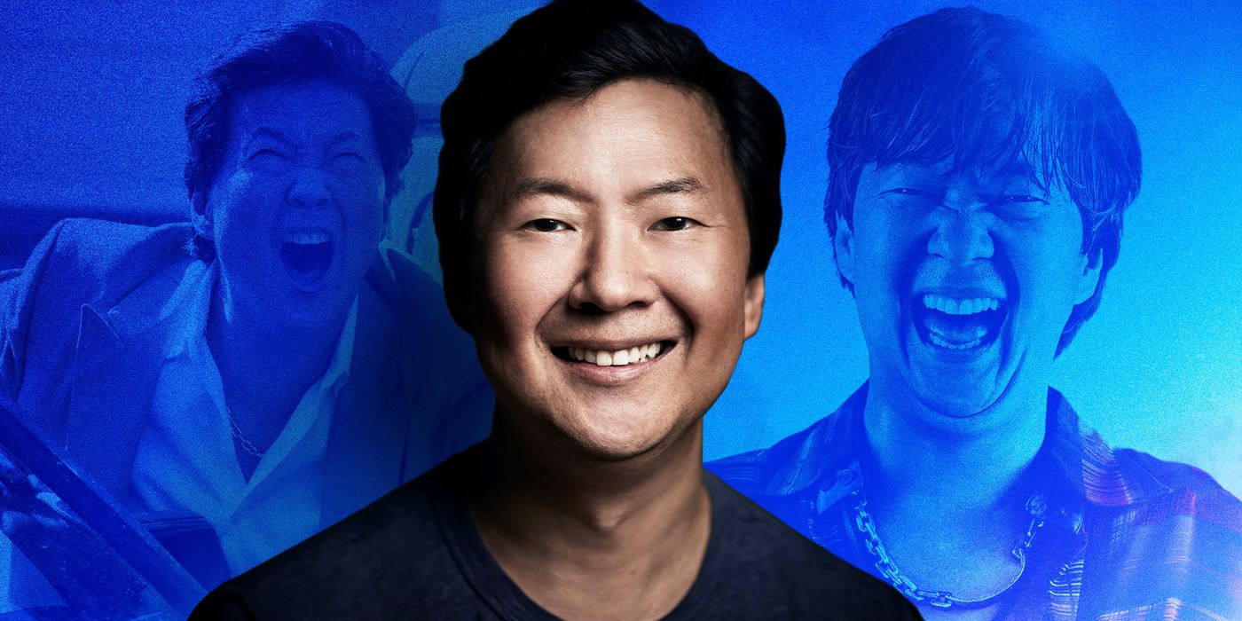 Ken Jeong stands in front of a blue-hued foreground that shows images of him screaming in a scene from The 4:30 Movie and laughing maniacally in The Hangover.