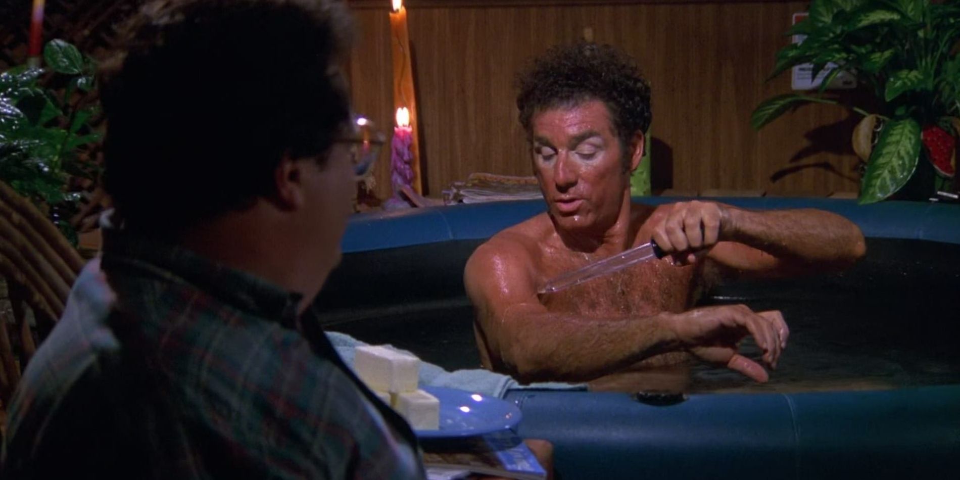 Kramer using butter and a turkey baster on himself in a hot tub in Seinfeld.