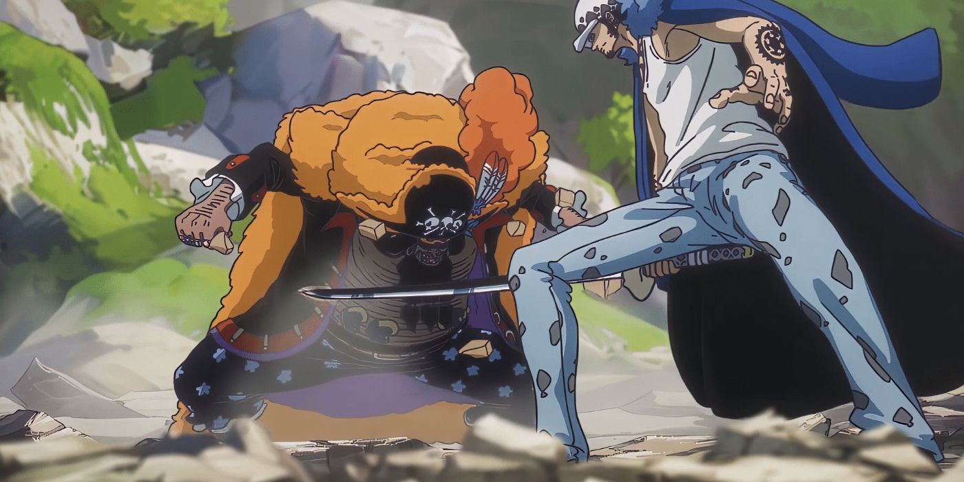 Trafalgar Law fighting Blackbeard in One Piece.