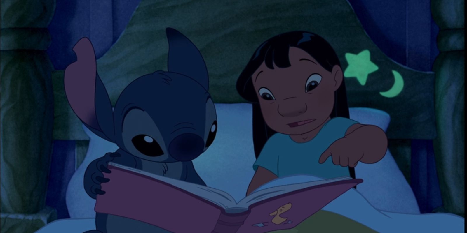 Lilo and Stitch read together in bed in Lilo & Stitch.