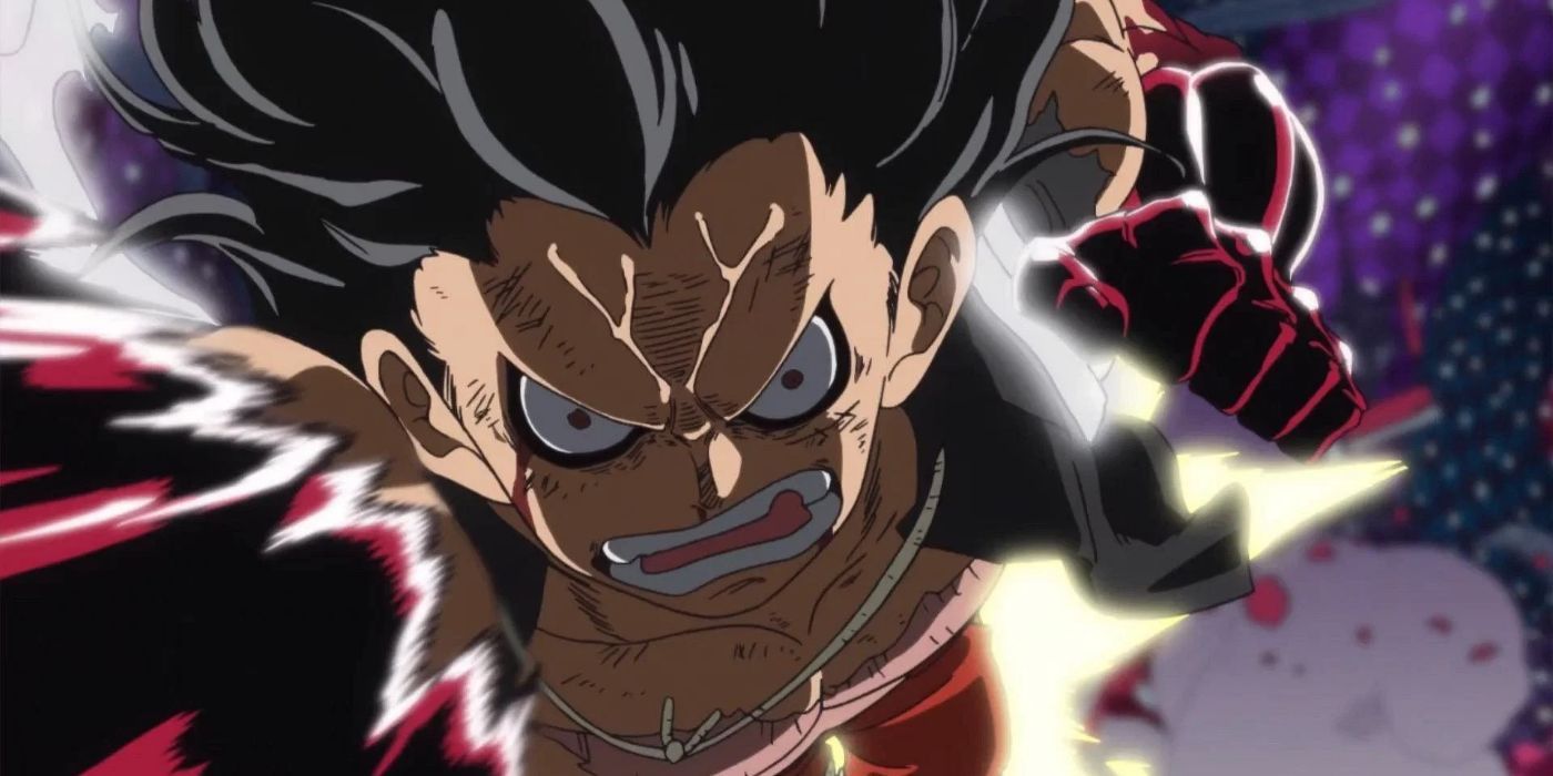 Luffy looking angry with long hair in One Piece.