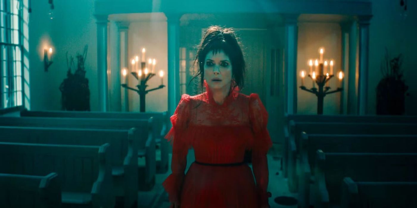 Lydia in her red wedding dress in Beetlejuice Beetlejuice