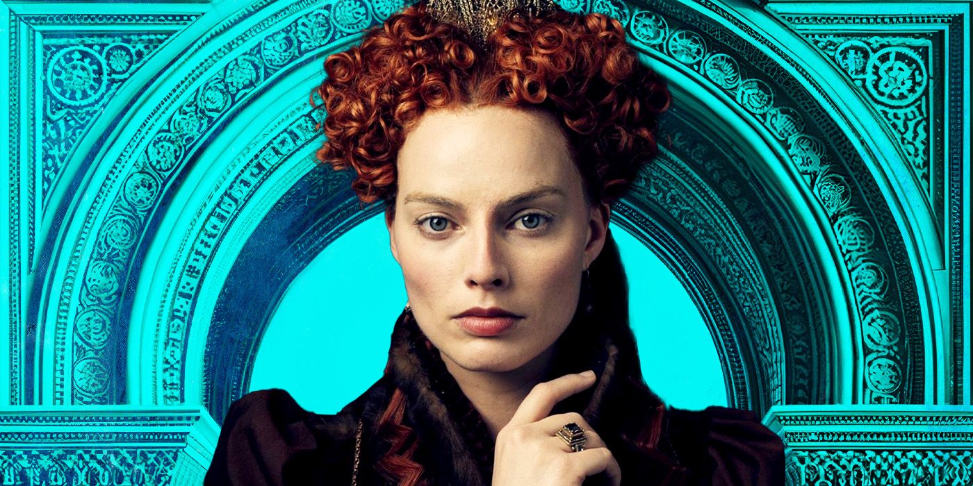 Custom image of Margot Robbie as Queen Elizabeth I in Mary, Queen of Scots against a blue background