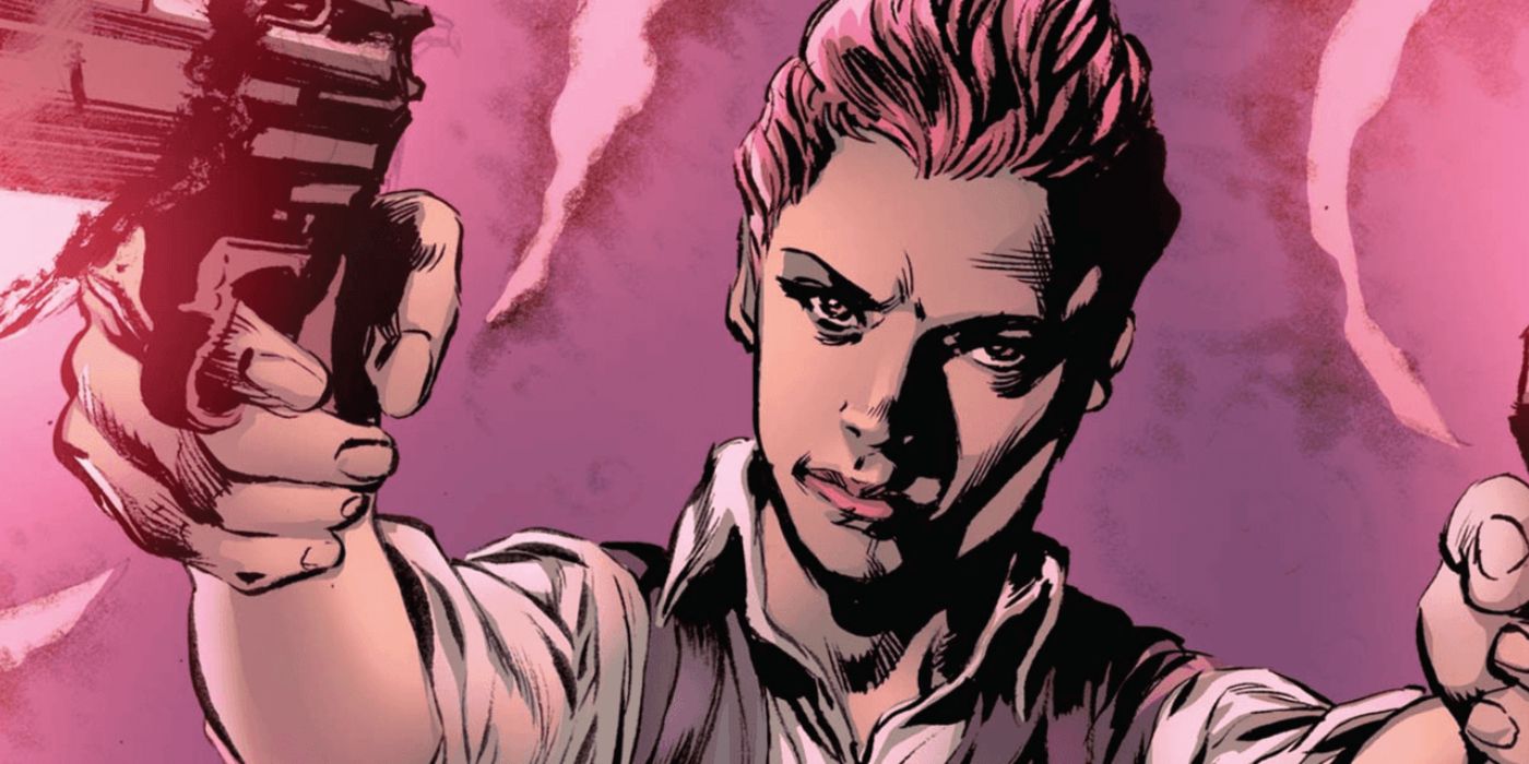 A close up of Alice Gulliver, a woman from the Scarlet Witch comic series with short pink hair, facing forward and aiming two guns offscreen while wearing a white shirt and a dark vest