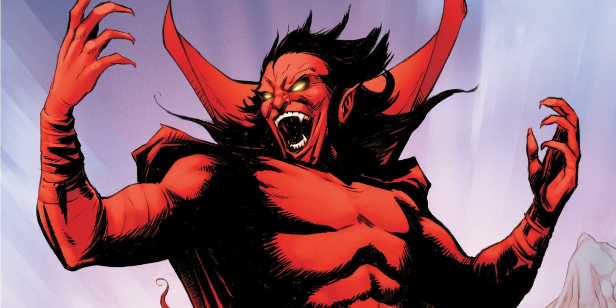 La obra de arte de Marvel Comics muestra a Mephisto con una capa con cuello y levantando las manos con alegría. 