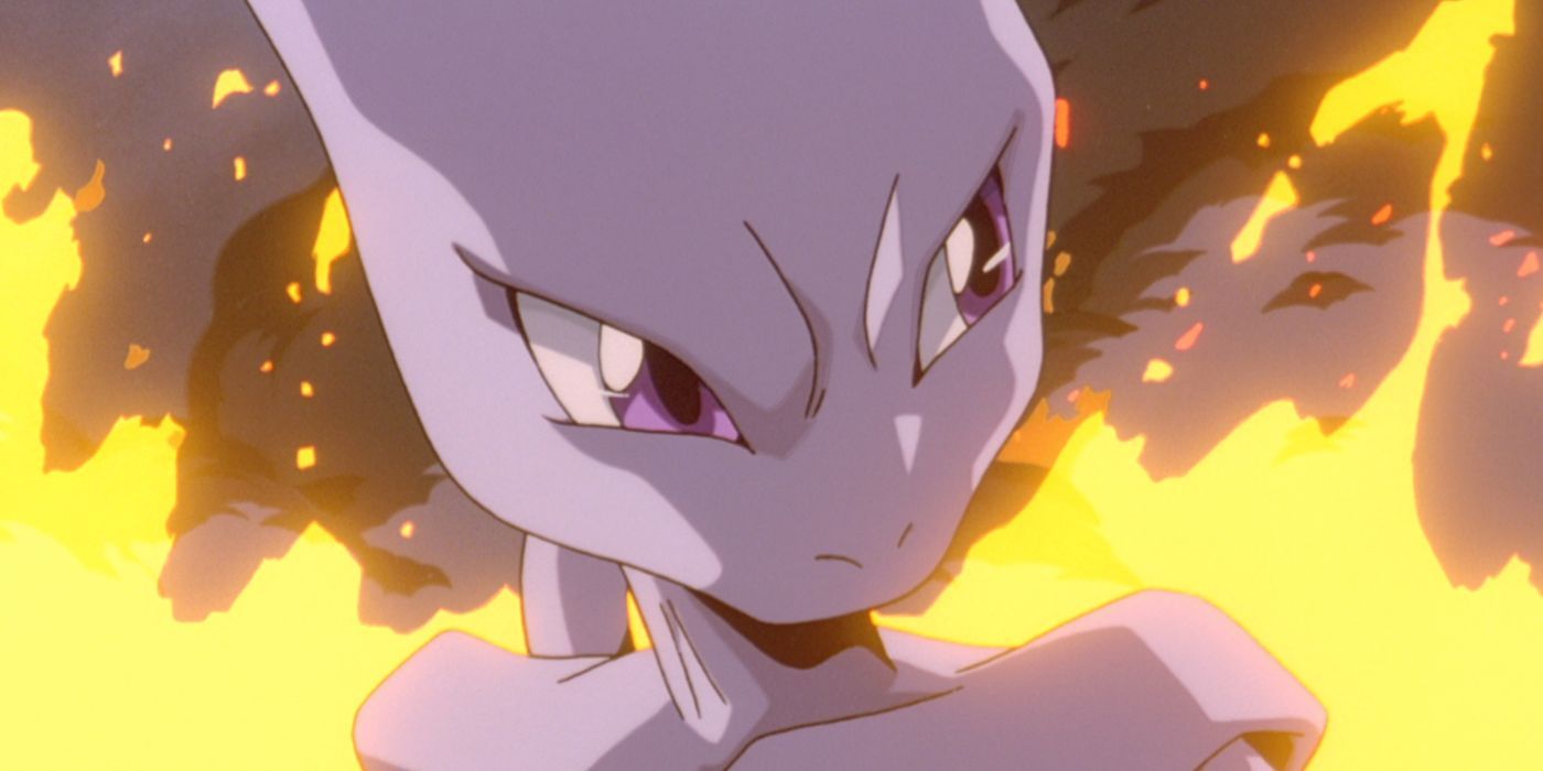 Mewtwo stands against a fiery backdrop in 'Pokemon: The First Movie- Mewtwo Strikes Back' 