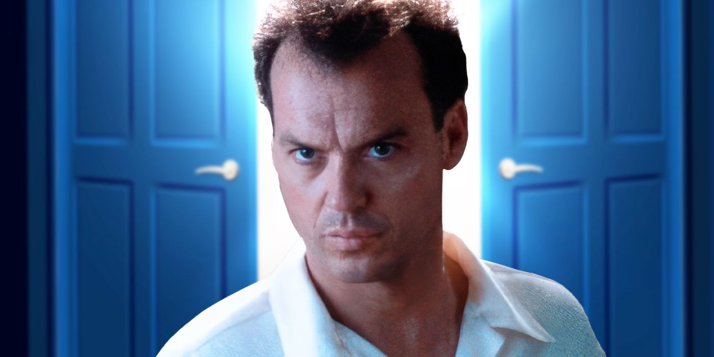 custom image of Michael Keaton looking intense with slightly open doors behind him