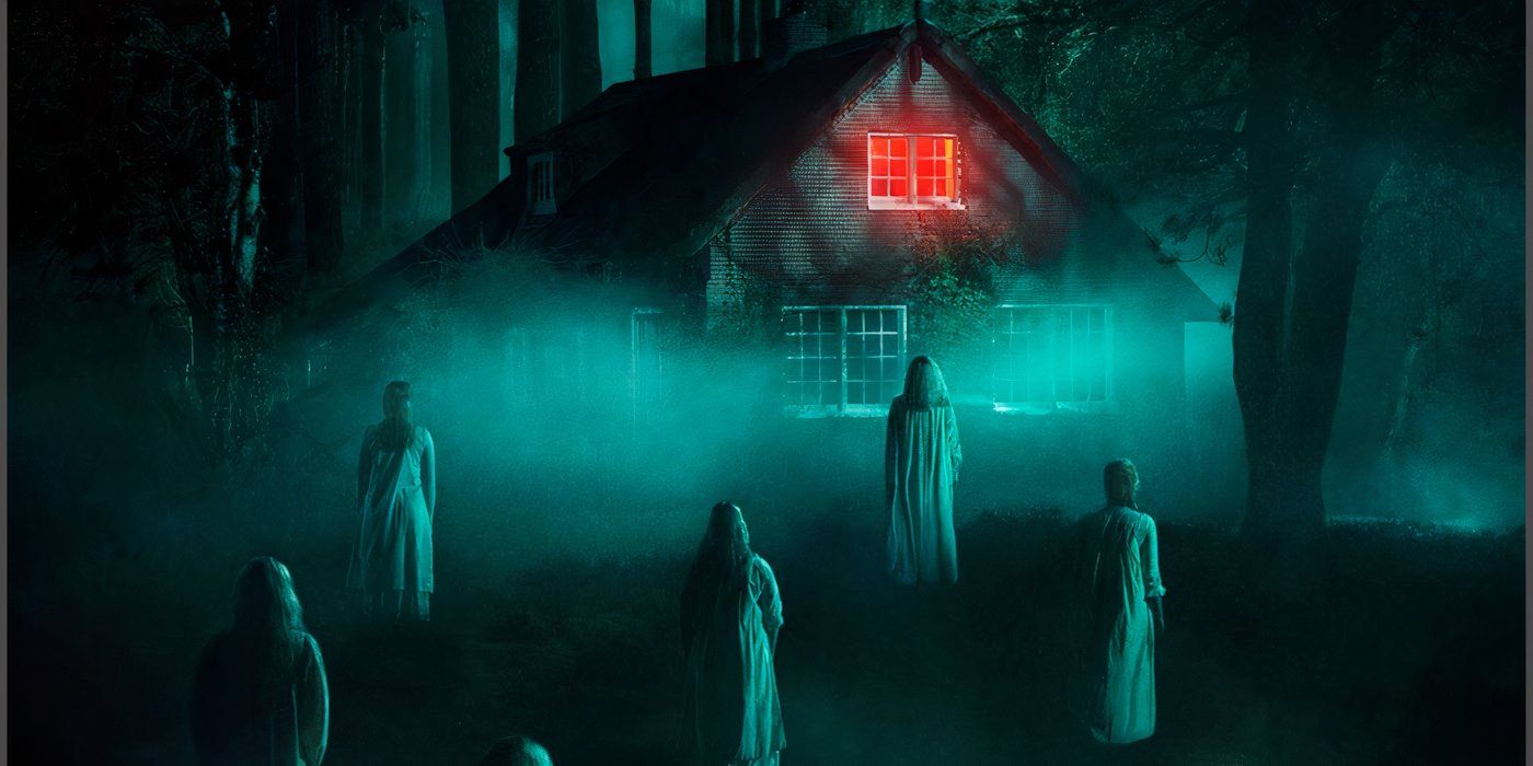 Several white robed figured walk toward a house at night in 'Moloch'