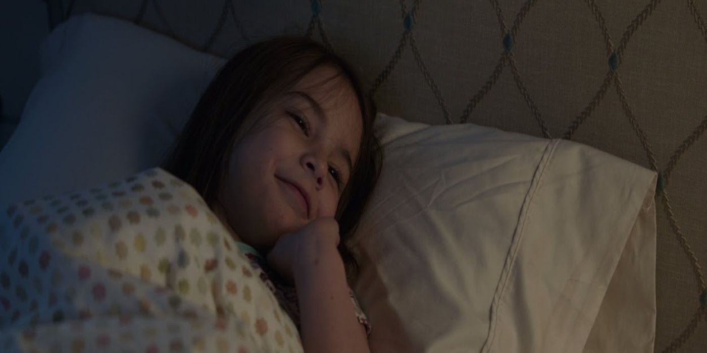 Morgan Stark lying on her bed smiling in Avengers: Endgame