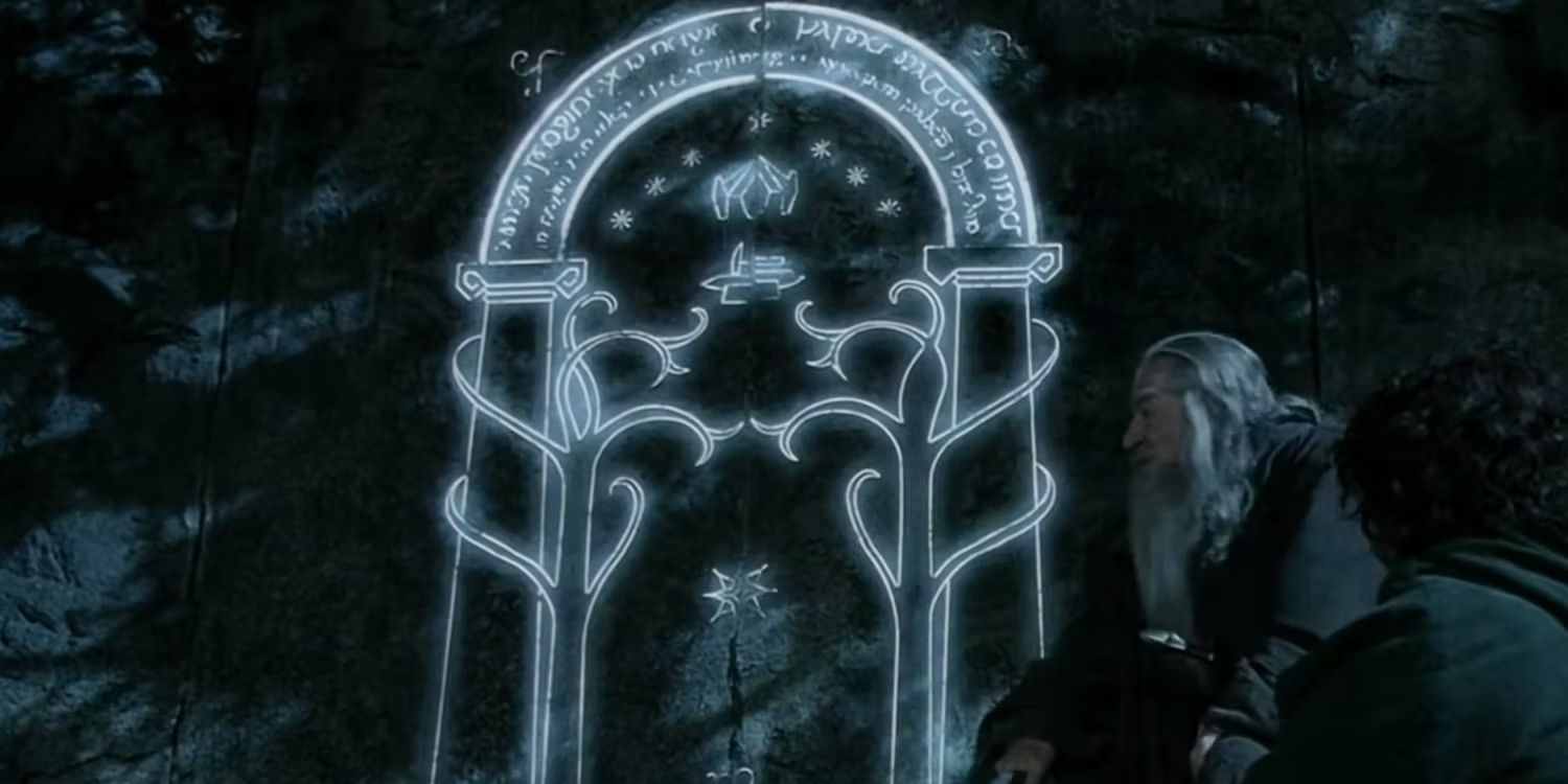 Gandalf (Ian McKellan) sitting in front of the Doors of Durin in The Fellowship of the Ring