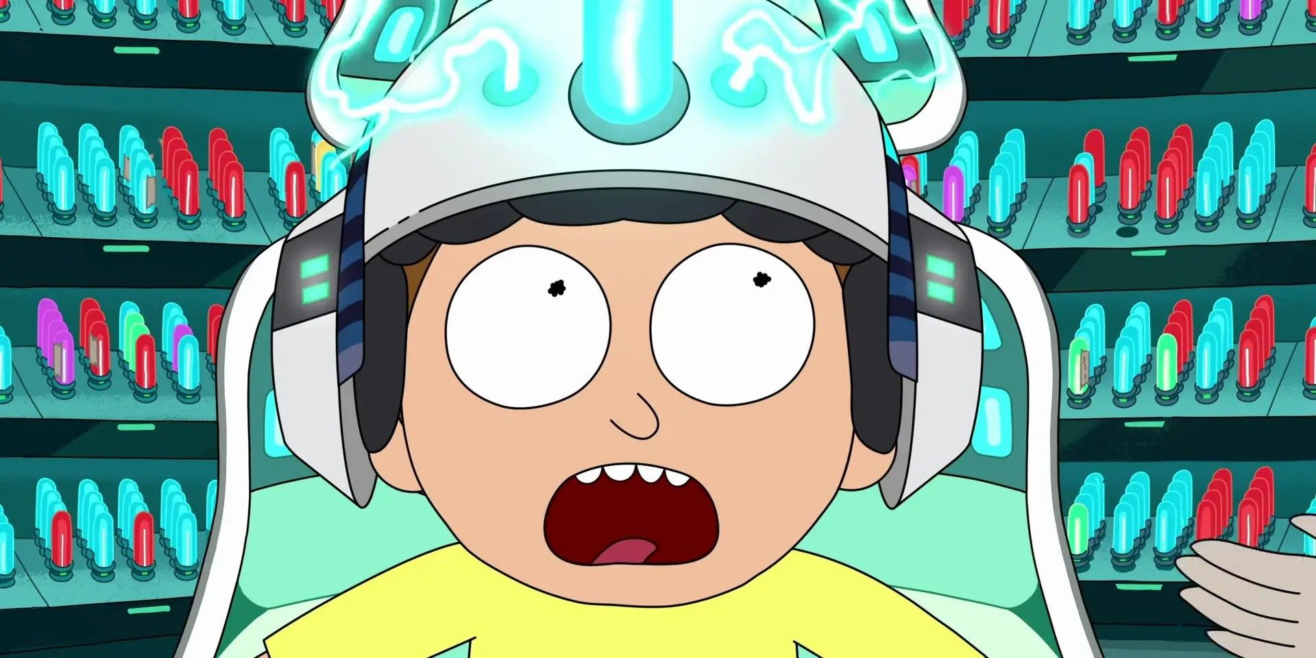 Morty wearing an electrifying helmet on his head that allows him to reexperience specific forgotten memories in the Rick and Morty episode "Morty's Mind Blowers" 