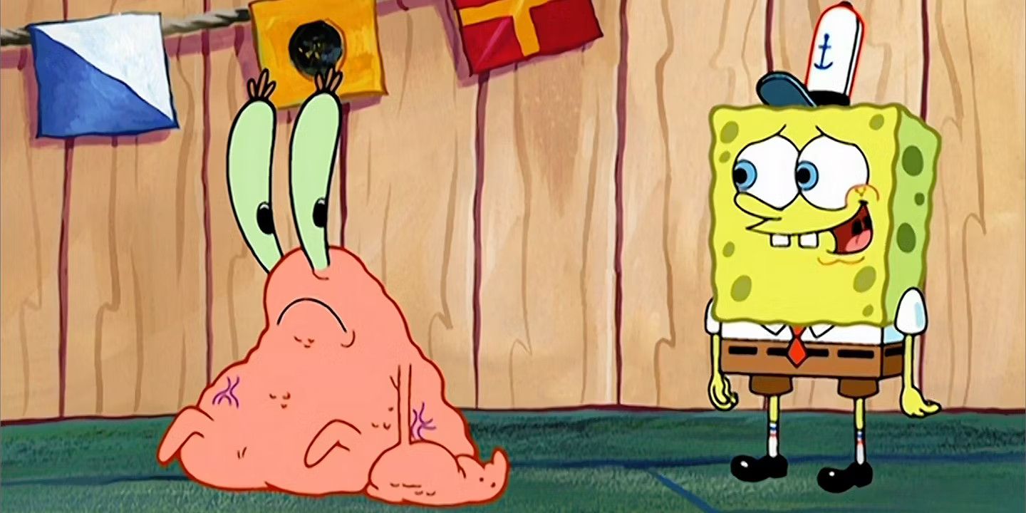 Mr. Krabs without a shell sits on the floor and looks sadly at SpongeBob in SpongeBob SquarePants.