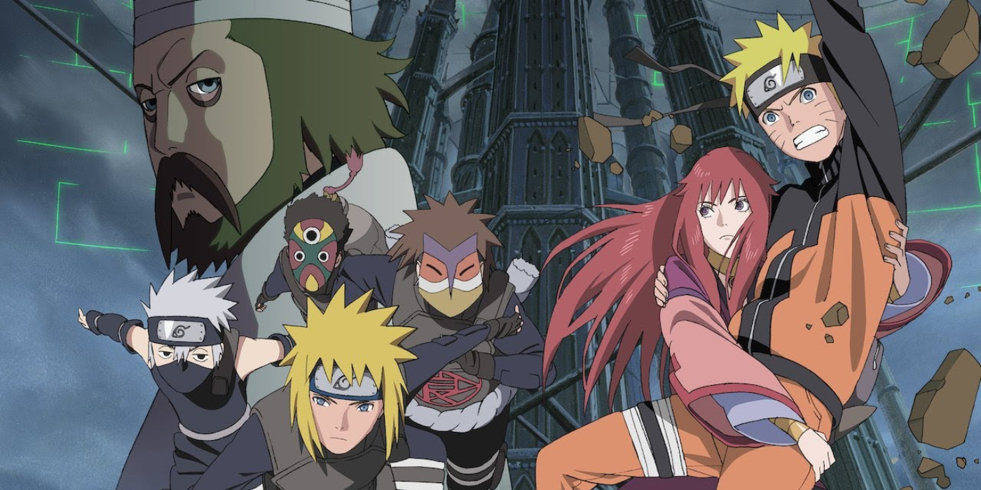 Naruto Shippuden Lost Tower promo image with characters in a collage in front of a castle