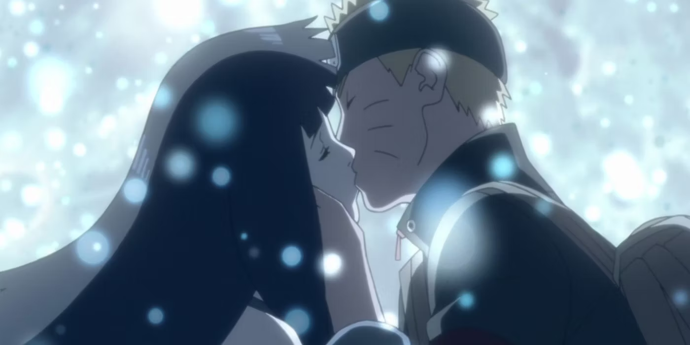 Two characters kiss in front of a sparkly background in Naruto Shippuden The Last.