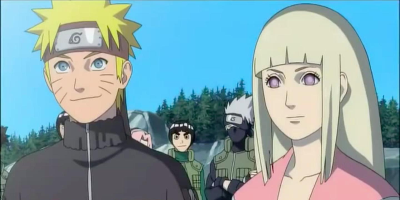 Characters stand outside in front of trees in Naruto Shippuden The Movie.