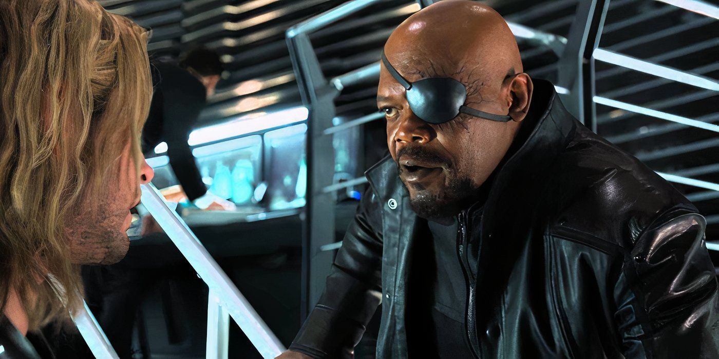 Samuel L. Jackson as Nick Fury talking to Thor in 'The Avengers'