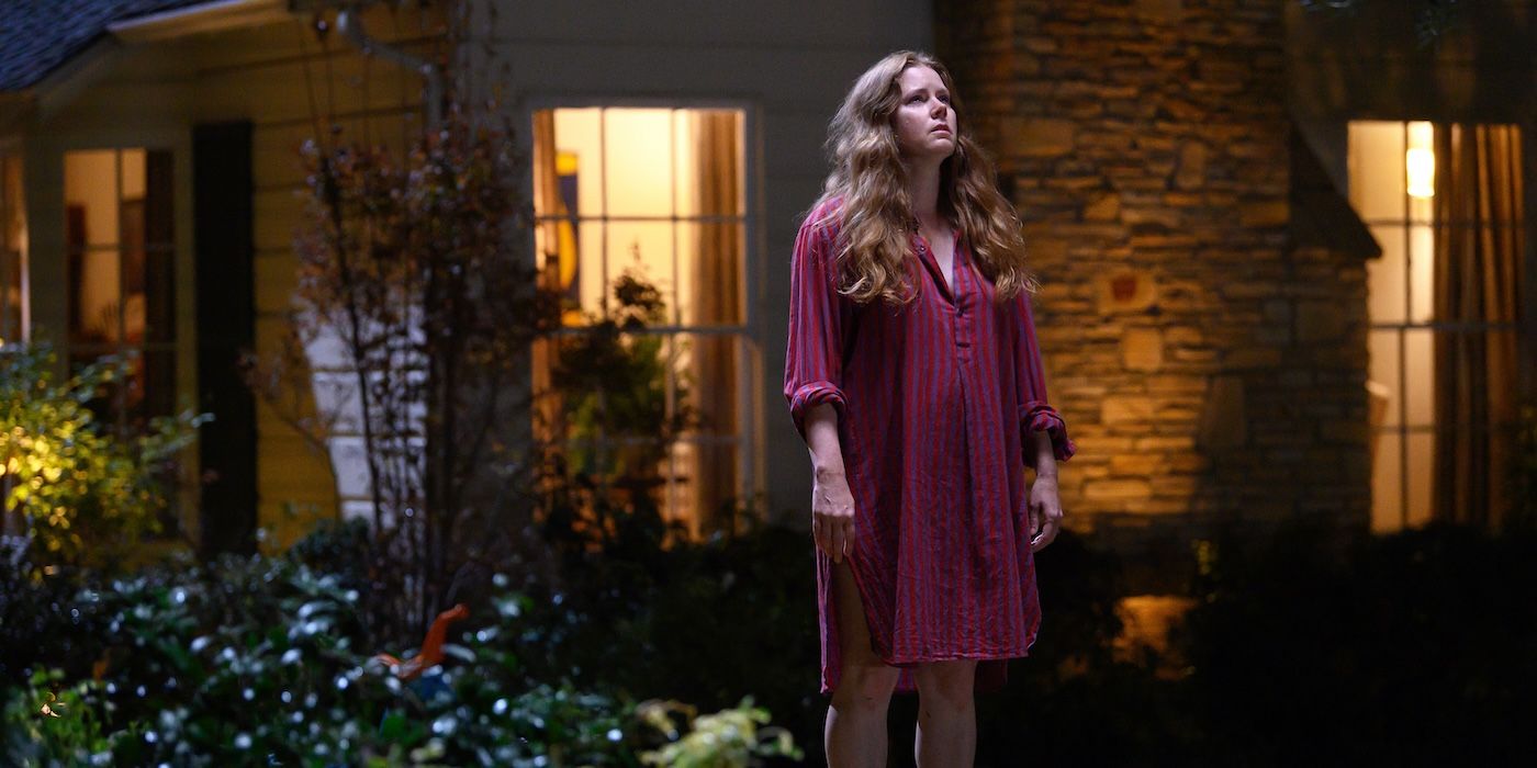 Amy Adams standing outside in her nightgown, looking up in Nightbitch