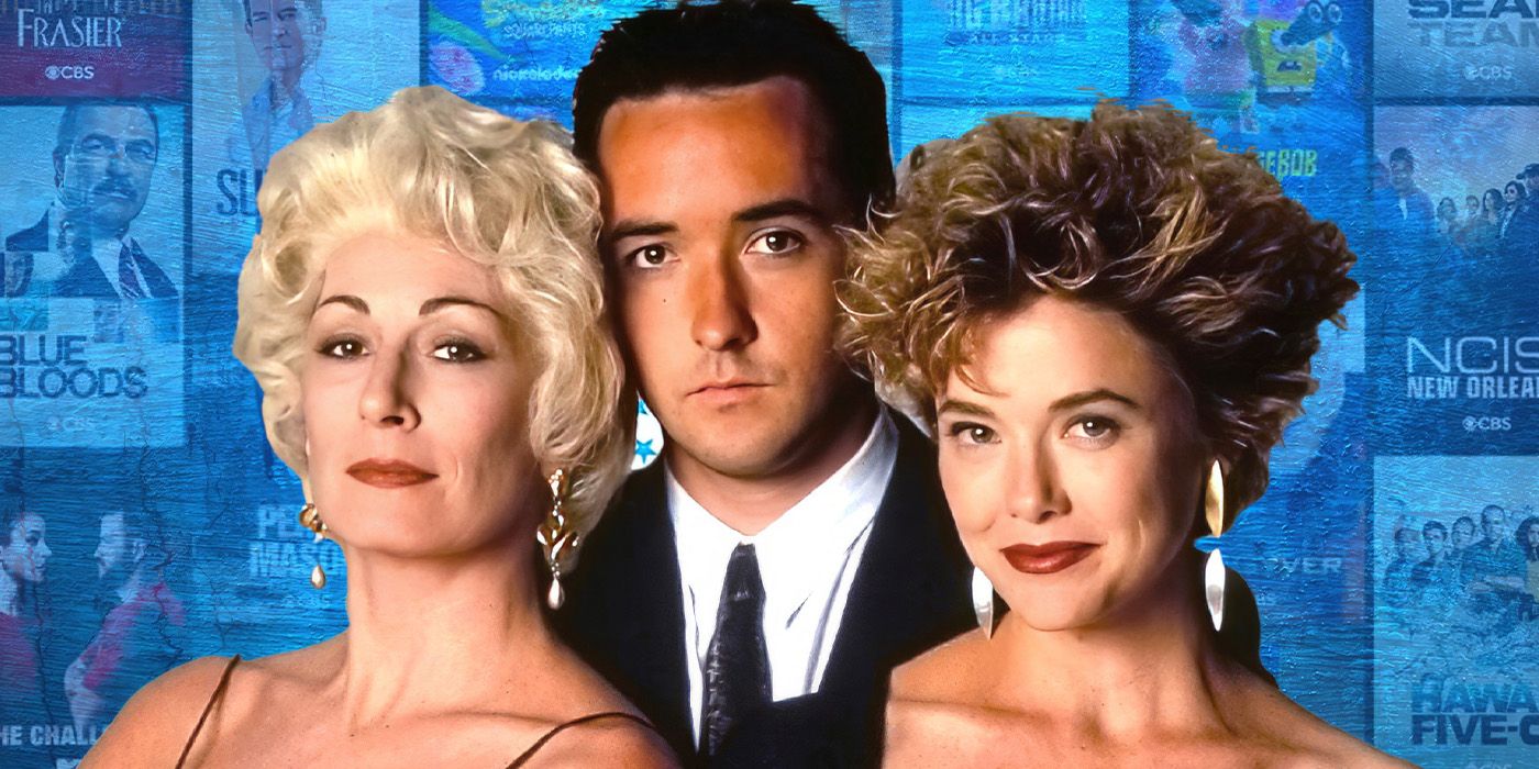 Custom image of John Cusack, Anjelica Huston, and Annette Bening from The Grifters against a Paramount+ background